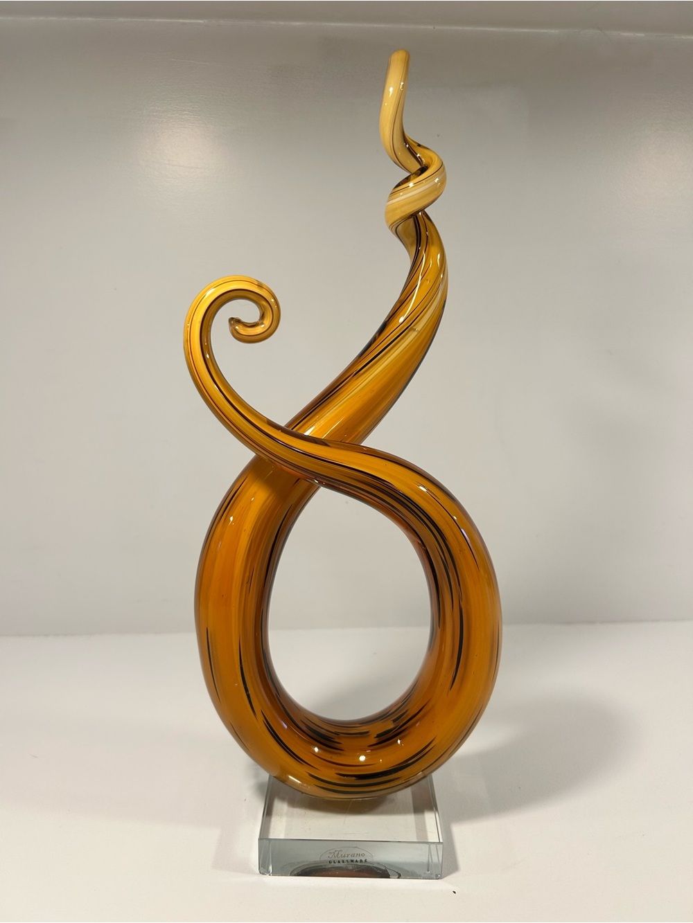 Murano Glassware Hand Blown Amber Art Glass Sculpture Twisted Ribbon Swirl 13”